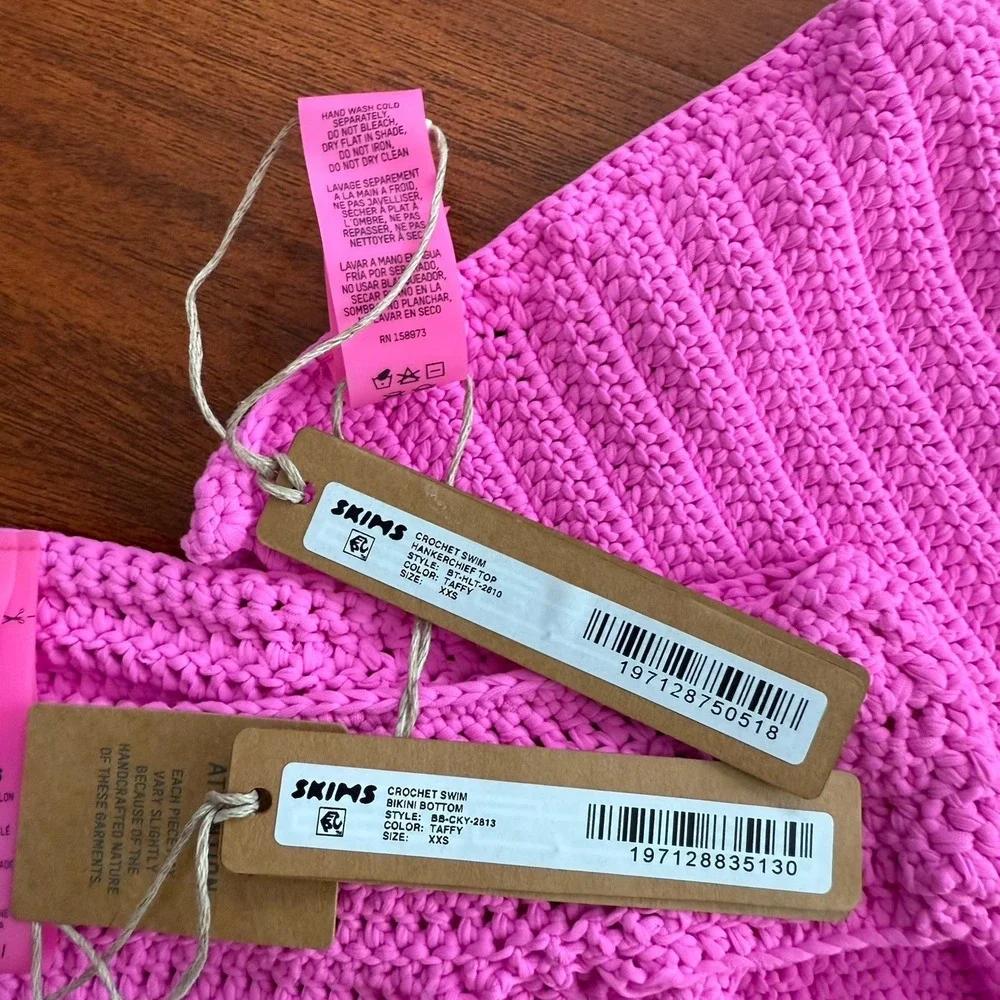 Skims Crochet Swim Bikini SET Top & Bottom Sz XXS Taffy Pink Stretch NWT